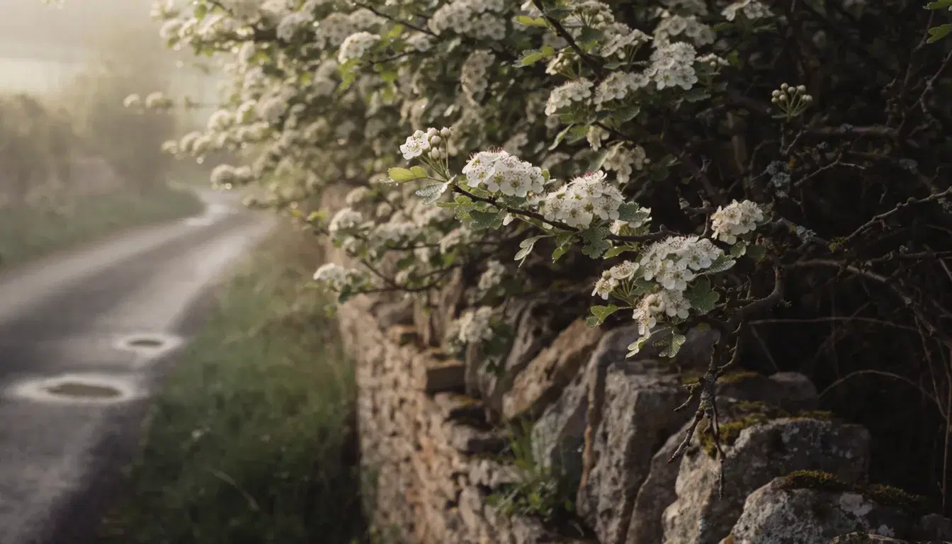 五月のフランスの田舎道。石壁ぞいの生け垣に白いサンザシの花が咲き、朝の光が斜めに差している